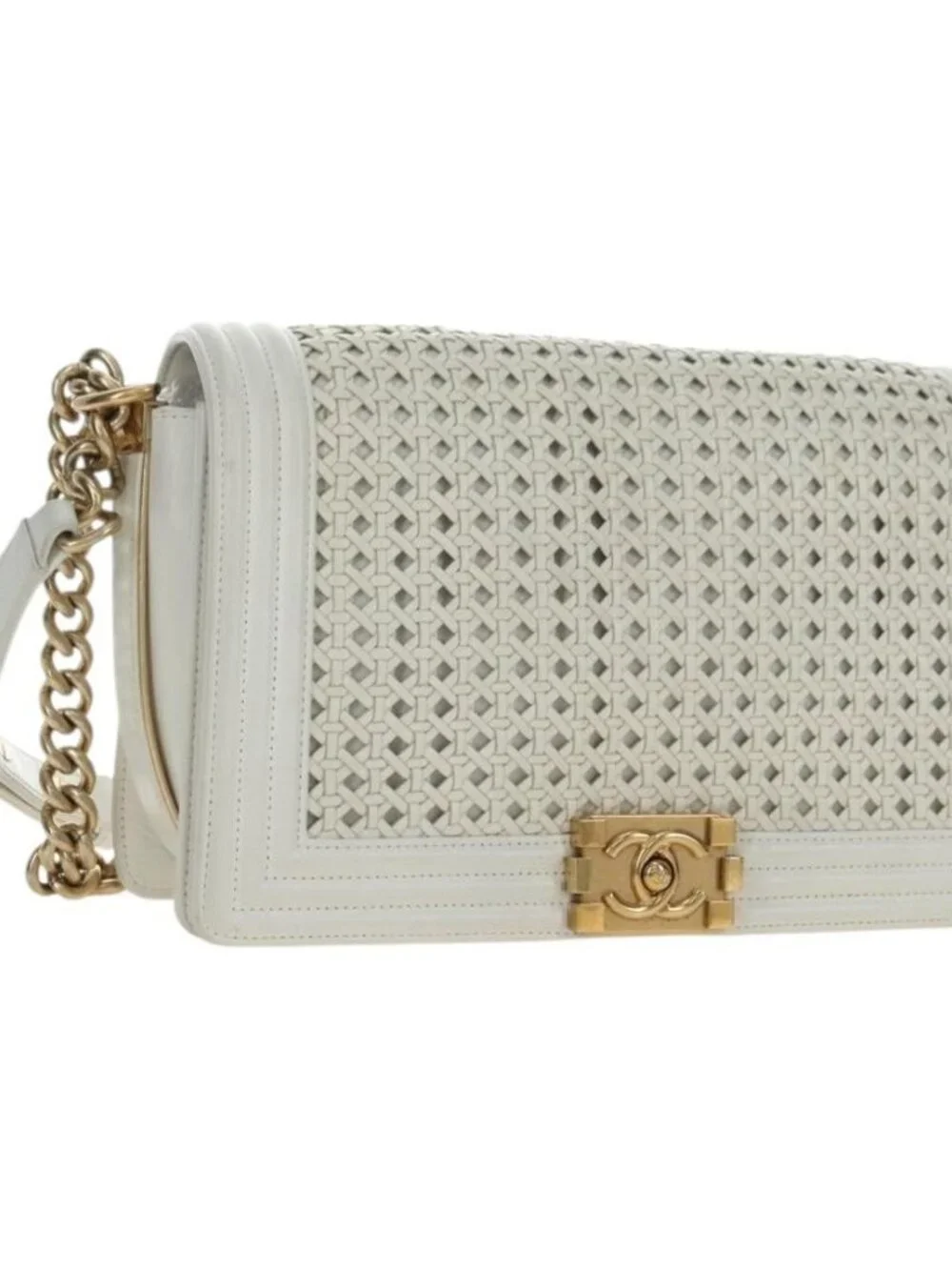 CHANEL Chain Boy Chanel Shoulder Bag Leather White Gold CC Auth ka4428V